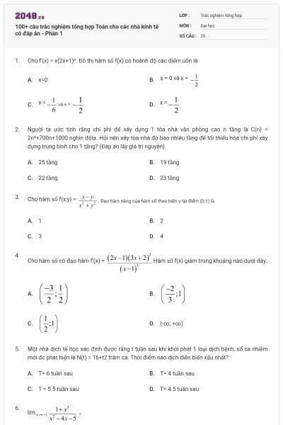 100+ câu trắc nghiệm tổng hợp Toán cho các nhà kinh tế có đáp án - Phần 1