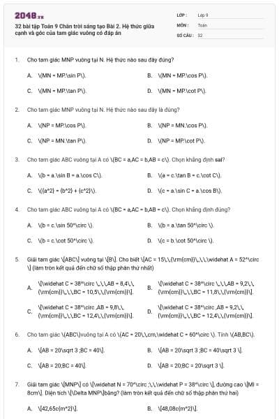 32 bài tập Toán 9 Chân trời sáng tạo Bài 2. Hệ thức giữa cạnh và góc của tam giác vuông có đáp án
