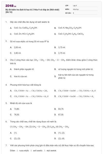 Bộ đề kiểm tra định kì học kì 2 Hóa 9 có đáp án (Mới nhất) (Đề 16)