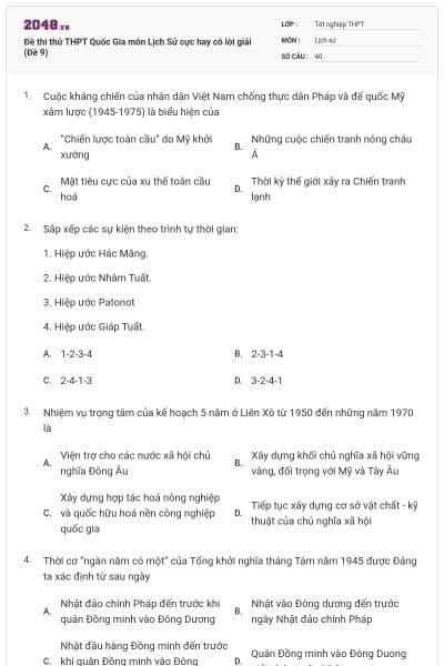 Đề thi thử THPT Quốc Gia môn Lịch Sử cực hay có lời giải (Đề 9)