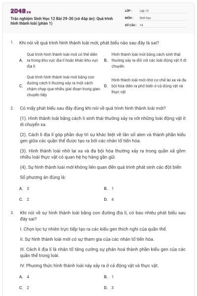 Trắc nghiệm Sinh Học 12 Bài 29-30 (có đáp án): Quá trình hình thành loài (phần 1)