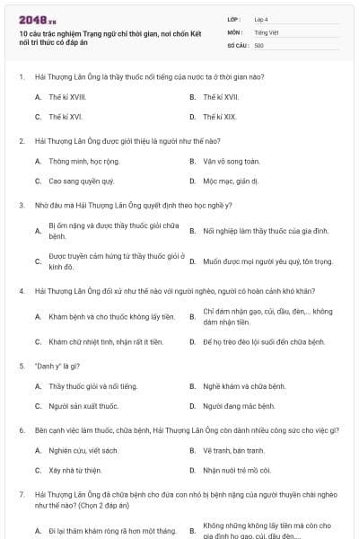 10 câu trắc nghiệm Trạng ngữ chỉ thời gian, nơi chốn Kết nối tri thức có đáp án