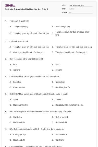 300+ câu Trắc nghiệm Hóa lý có đáp án - Phần 9