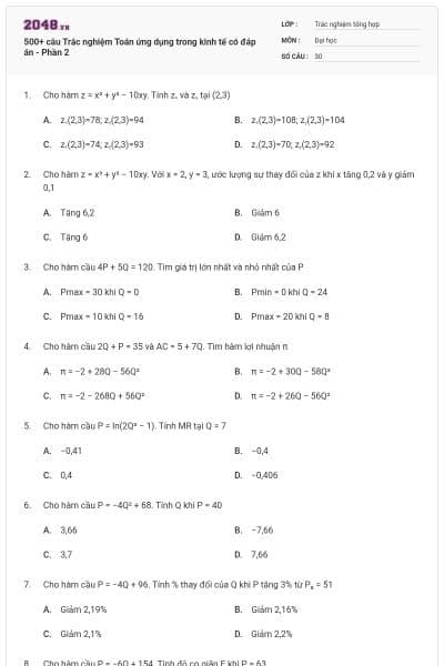 500+ câu Trắc nghiệm Toán ứng dụng trong kinh tế có đáp án - Phần 2