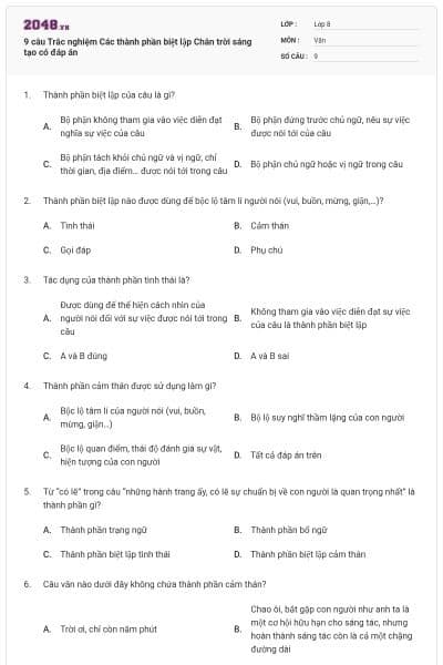 9 câu Trắc nghiệm Các thành phần biệt lập Chân trời sáng tạo có đáp án