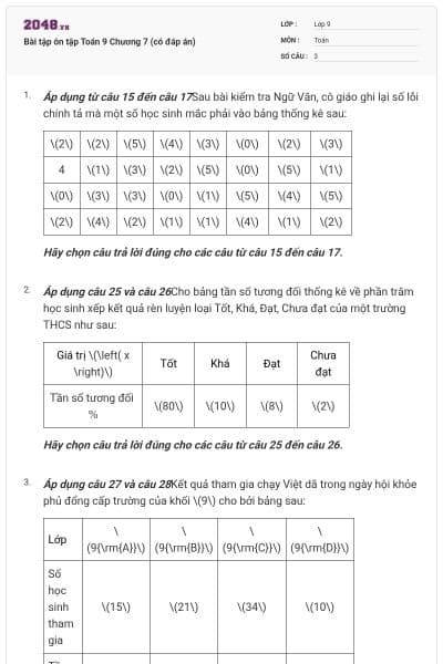 Bài tập ôn tập Toán 9 Chương 7 (có đáp án)