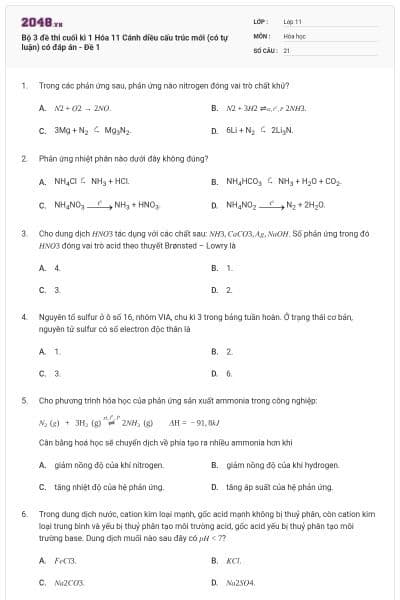 Bộ 3 đề thi cuối kì 1 Hóa 11 Cánh diều cấu trúc mới (có tự luận) có đáp án - Đề 1