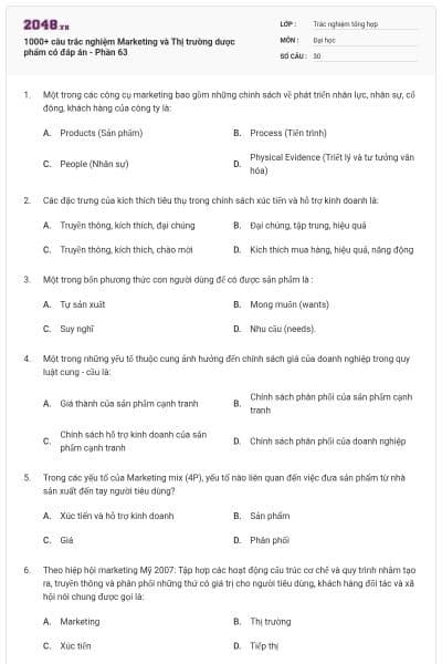 1000+ câu trắc nghiệm Marketing và Thị trường dược phẩm có đáp án - Phần 63