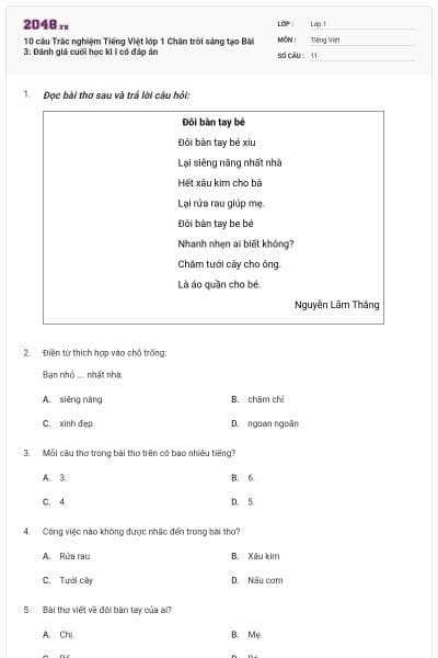 10 câu Trắc nghiệm Tiếng Việt lớp 1 Chân trời sáng tạo Bài 3: Đánh giá cuối học kì I có đáp án