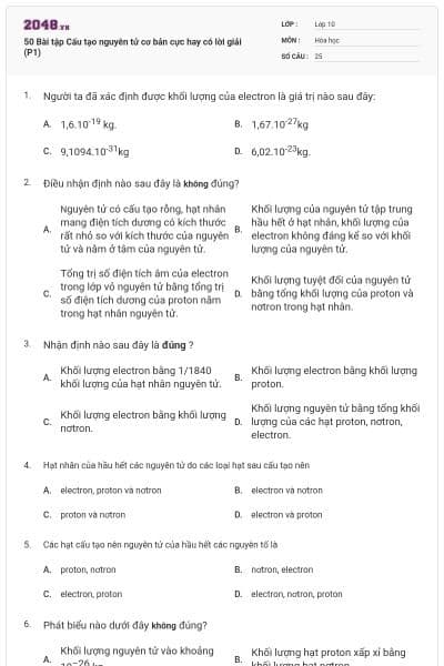 50 Bài tập Cấu tạo nguyên tử cơ bản cực hay có lời giải (P1)