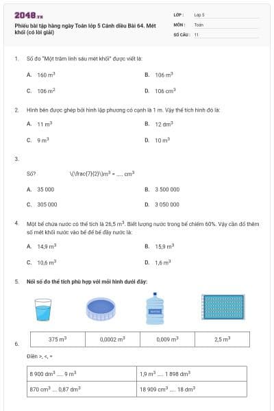 Phiếu bài tập hàng ngày Toán lớp 5 Cánh diều Bài 64. Mét khối (có lời giải)