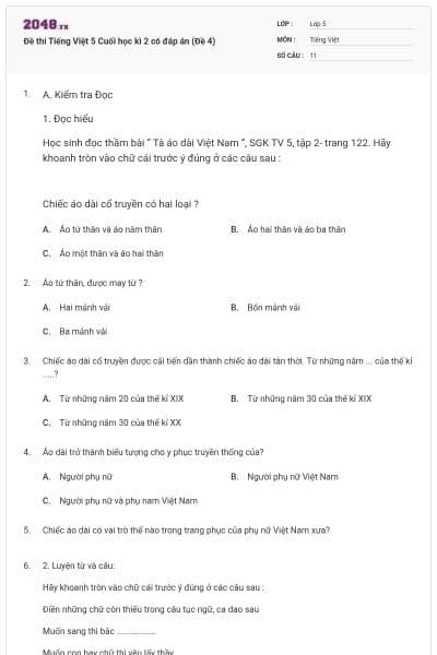 Đề thi Tiếng Việt 5 Cuối học kì 2 có đáp án (Đề 4)