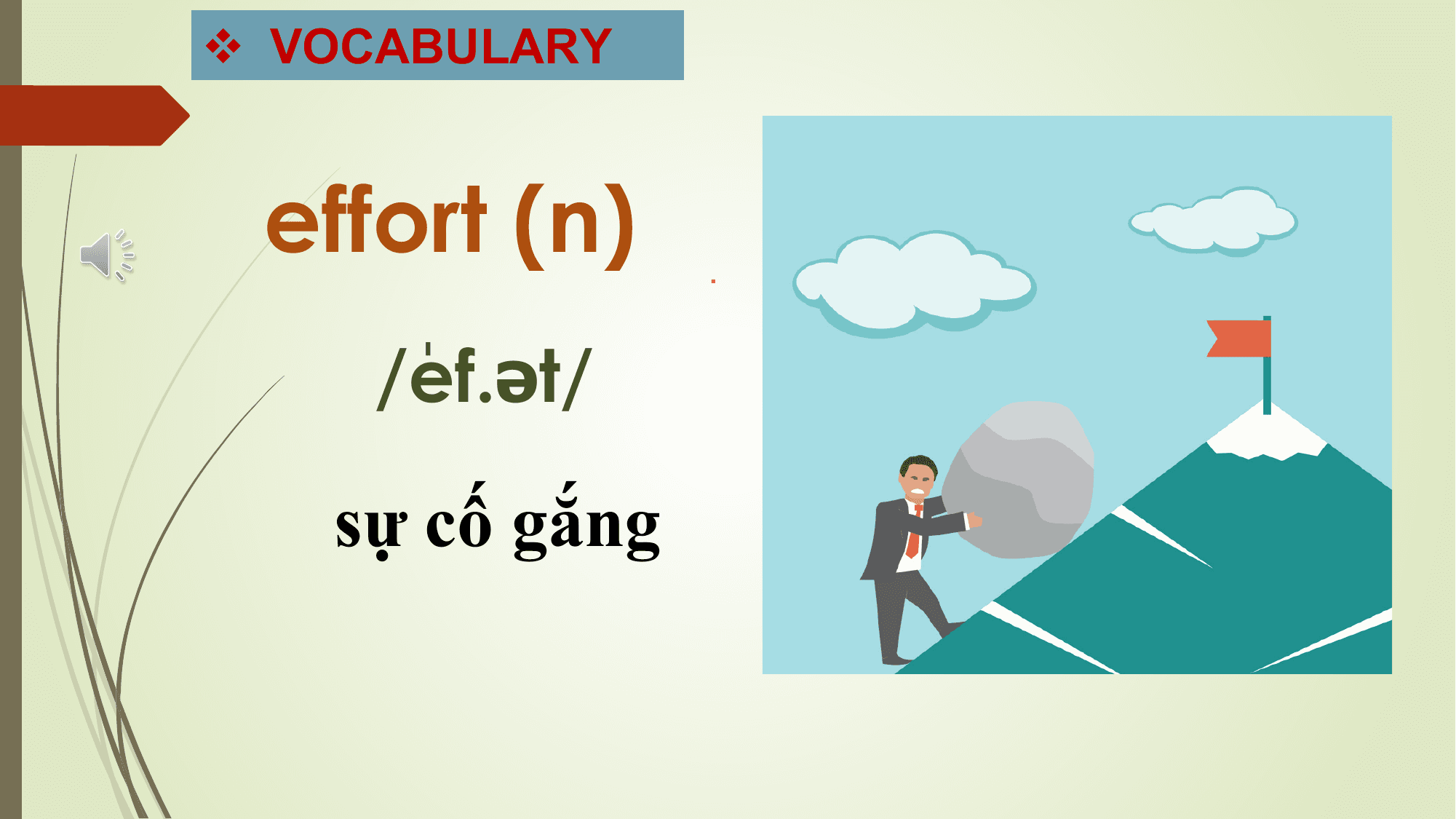 v VOCABULARY

 effort (n) .

 /ˈ
 ef.ət/
 sự cố gắng