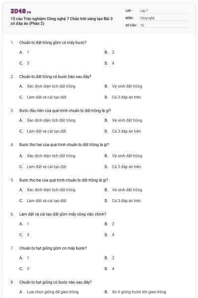 15 câu Trắc nghiệm Công nghệ 7 Chân trời sáng tạo Bài 3 có đáp án (Phần 2)