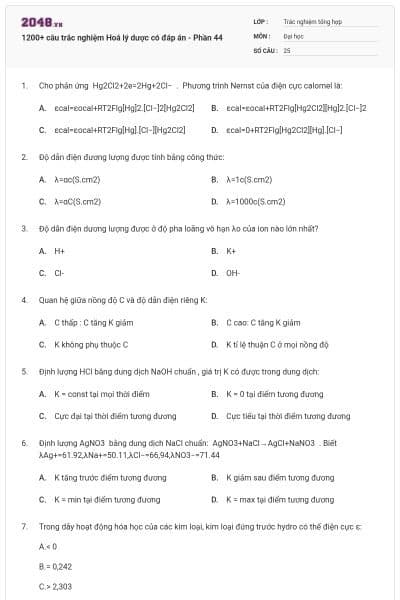 1200+ câu trắc nghiệm Hoá lý dược có đáp án - Phần 44