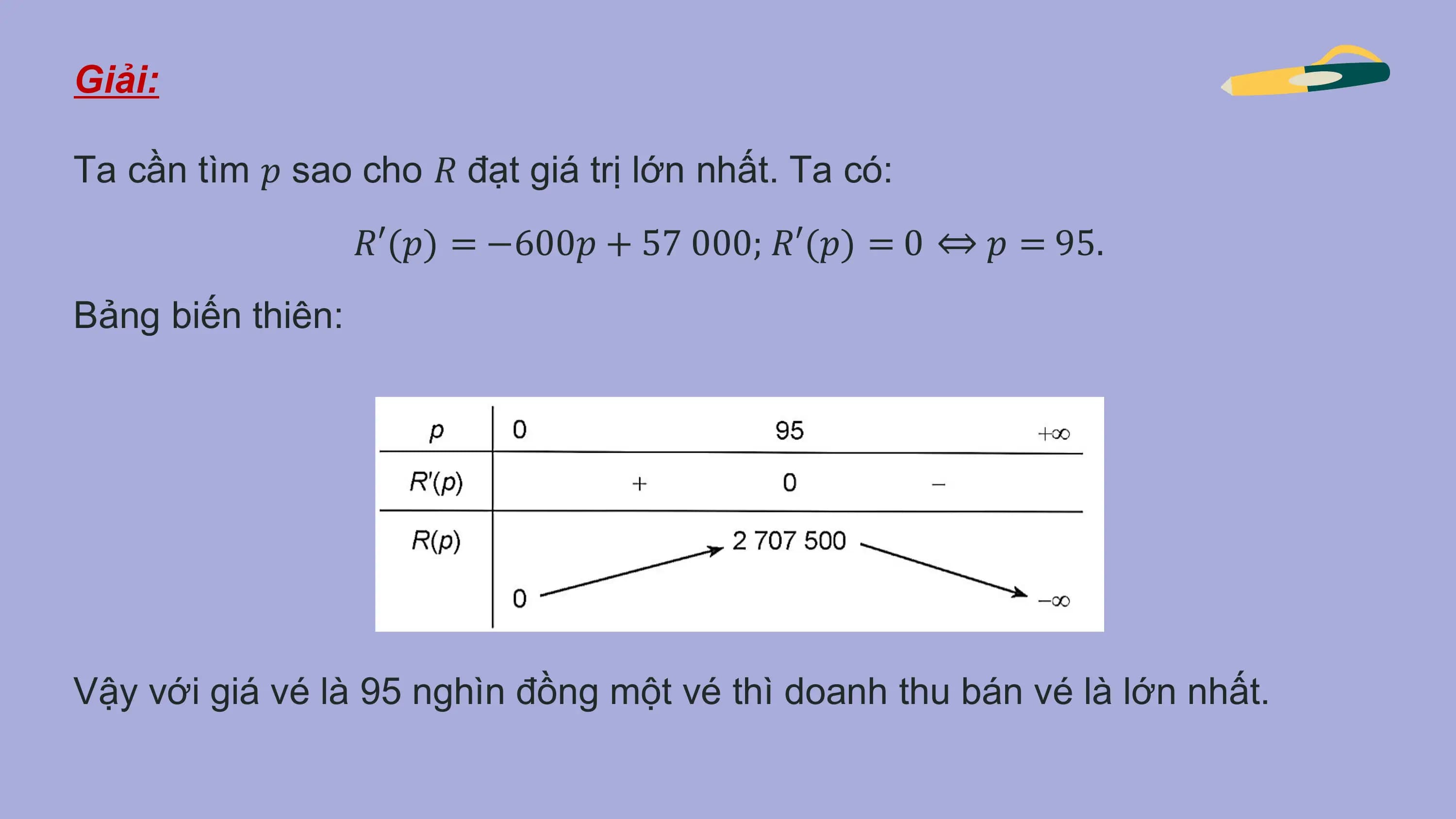 Giải:

Ta cần tìm 𝑝 sao cho 𝑅 đạt giá trị lớn nhất. Ta có:
 𝑅′(𝑝) = −600𝑝 + 57 000; 𝑅′(𝑝) = 0 ⇔ 𝑝 = 95.
Bảng biến thiên:

Vậy với giá vé là 95 nghìn đồng một vé thì doanh thu bán vé là lớn nhất.