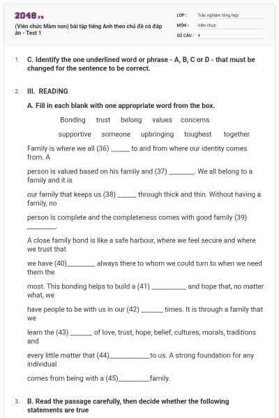 (Viên chức Mầm non) bài tập tiếng Anh theo chủ đề có đáp án - Test 1