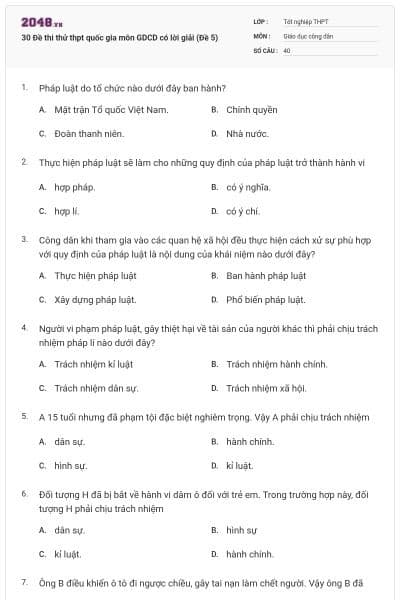 30 Đề thi thử thpt quốc gia môn GDCD có lời giải (Đề 5)