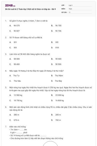Đề thi cuối kì 2 Toán lớp 3 Kết nối tri thức có đáp án - Đề 9