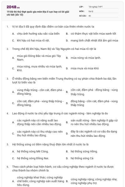 19 Đề thi thử thpt quốc gia môn Địa lí cực hay có lời giải chi tiết (đề 10)