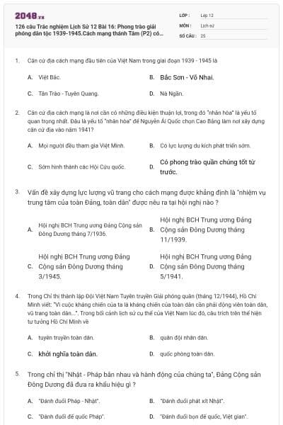 126 câu  Trắc nghiệm Lịch Sử 12 Bài 16: Phong trào giải phóng dân tộc 1939-1945.Cách mạng thánh Tám (P2) có đáp án