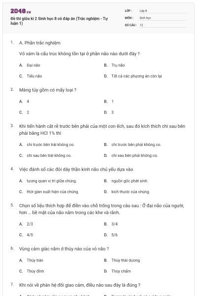 Đề thi giữa kì 2 Sinh học 8 có đáp án (Trắc nghiệm - Tự luận 1)