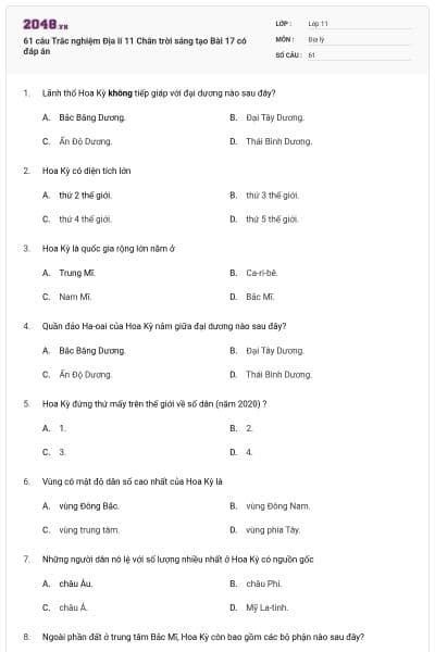 61 câu Trắc nghiệm Địa lí 11 Chân trời sáng tạo Bài 17 có đáp án