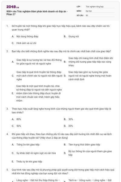 800+ câu Trắc nghiệm Đàm phán kinh doanh có đáp án - Phần 27