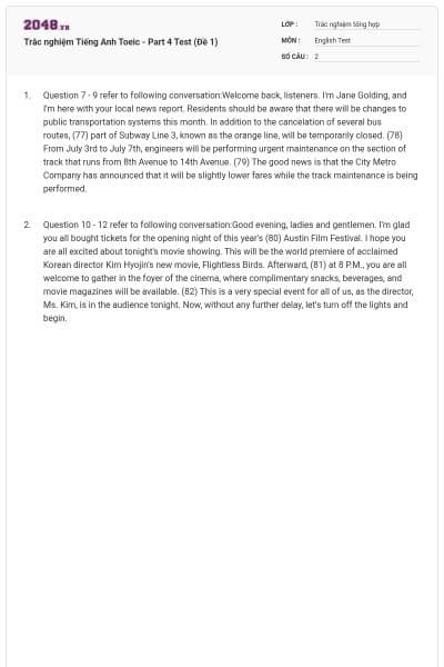 Trắc nghiệm Tiếng Anh Toeic - Part 4 Test (Đề 1)