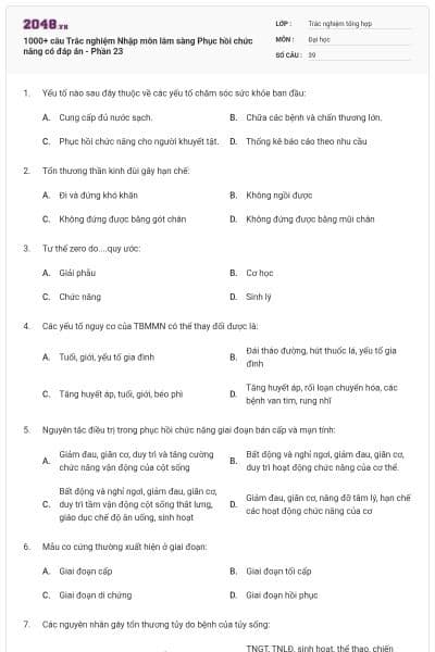 1000+ câu Trắc nghiệm Nhập môn lâm sàng Phục hồi chức năng có đáp án - Phần 23
