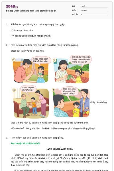 Bài tập Quan tâm hàng xóm láng giềng có đáp án