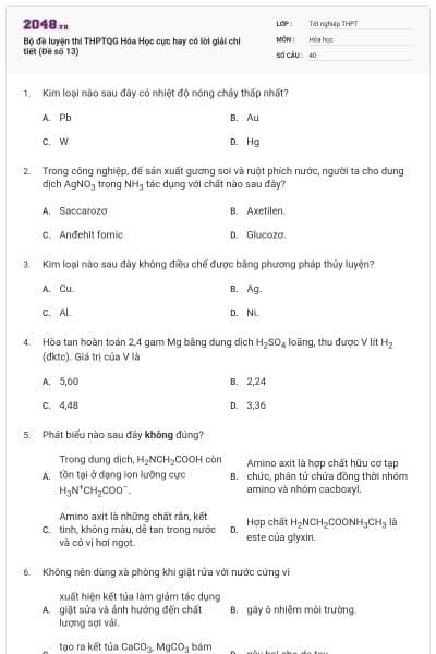 Bộ đề  luyện thi THPTQG Hóa Học cực hay có lời giải chi tiết (Đề số 13)