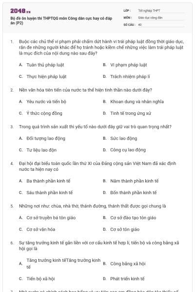 Bộ đề ôn luyện thi THPTQG môn Công dân cực hay có đáp án (P2)