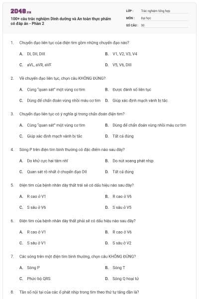 100+ câu trắc nghiệm Dinh dưỡng và An toàn thực phẩm có đáp án - Phần 2