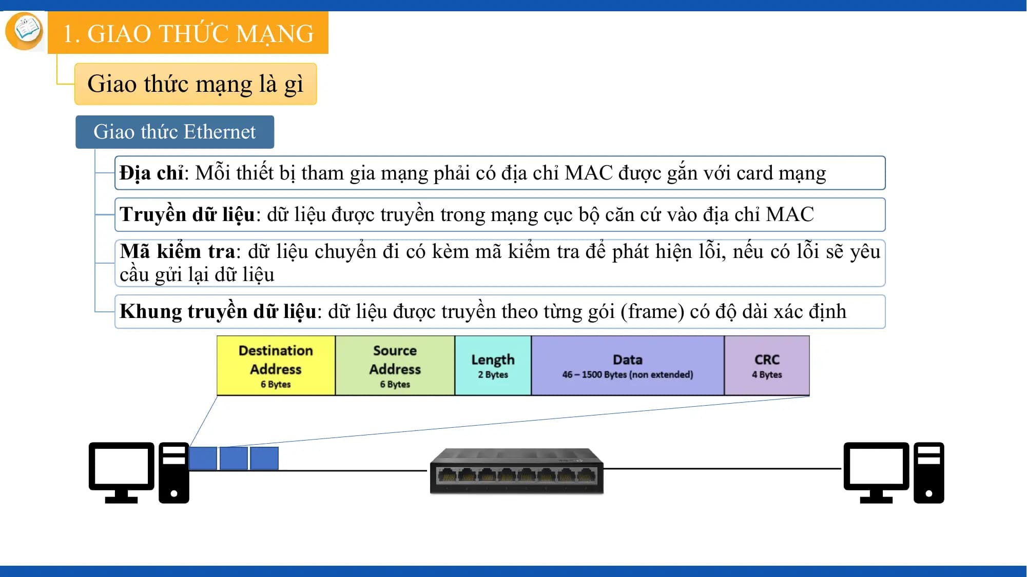 1. GIAO THỨC MẠNG
 Giao thức mạng là gì
 Giao thức Ethernet
 Địa chỉ: Mỗi thiết bị tham gia mạng phải có địa chỉ MAC được gắn với card mạng
 Truyền dữ liệu: dữ liệu được truyền trong mạng cục bộ căn cứ vào địa chỉ MAC
 Mã kiểm tra: dữ liệu chuyển đi có kèm mã kiểm tra để phát hiện lỗi, nếu có lỗi sẽ yêu
 cầu gửi lại dữ liệu
 Khung truyền dữ liệu: dữ liệu được truyền theo từng gói (frame) có độ dài xác định
