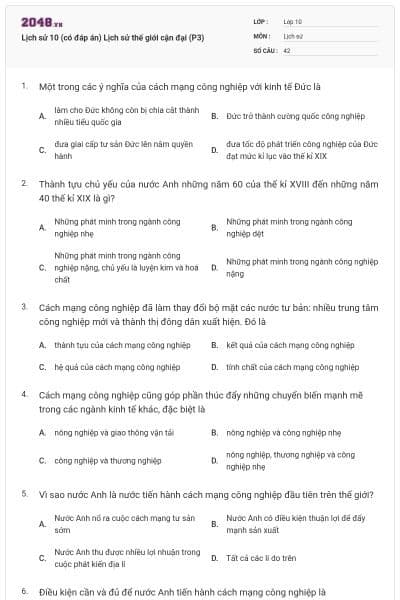 Lịch sử 10 (có đáp án) Lịch sử thế giới cận đại (P3)