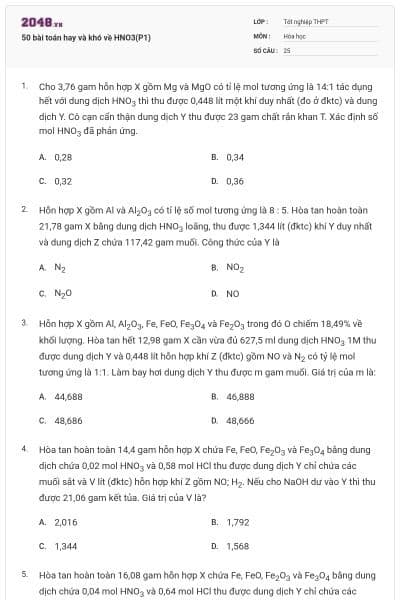 50 bài toán hay và khó về HNO3(P1)