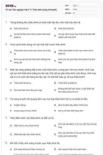 47 câu Trắc nghiệm Vật lí 11 Thấu kính mỏng (lí thuyết)