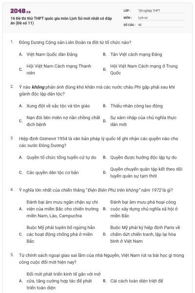 16 Đề thi thử THPT quốc gia môn Lịch Sử mới nhất có đáp án (Đề số 11)
