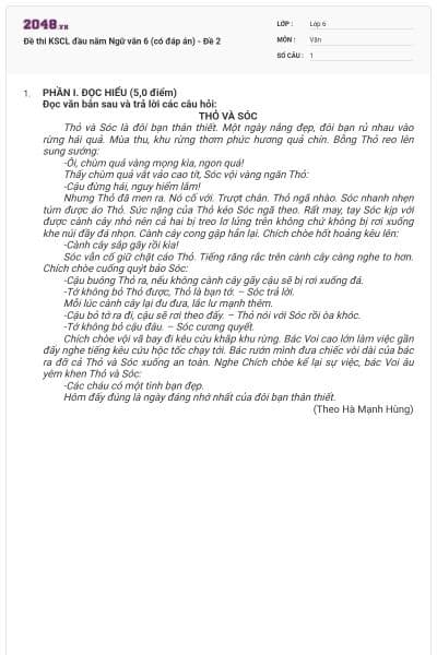 Đề thi KSCL đầu năm Ngữ văn 6 (có đáp án) - Đề 2