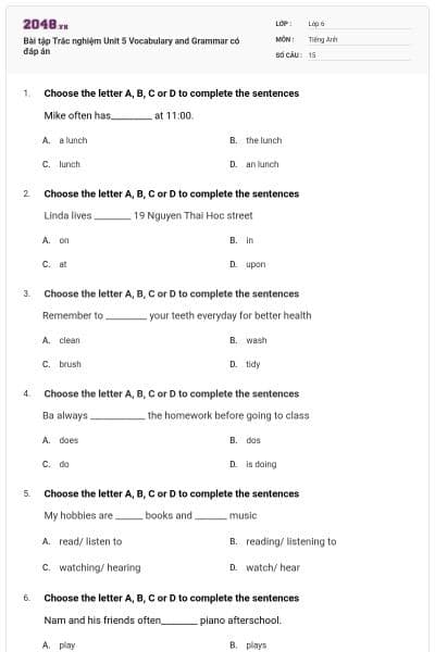 Bài tập Trắc nghiệm Unit 5 Vocabulary and Grammar có đáp án