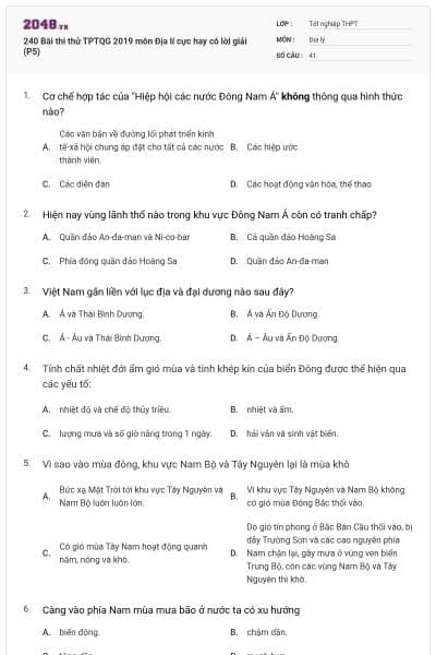 240 Bài thi thử TPTQG 2019 môn Địa lí cực hay có lời giải (P5)