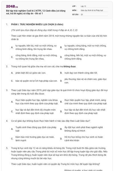 Bài tập trắc nghiệm Cuối kì 2 KTPL 12 Cánh diều (có đúng sai, trả lời ngắn) có đáp án - Đề số 1