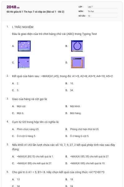 Đề thi giữa kì 1 Tin học 7 có đáp án (Bài số 1 - Đề 2)