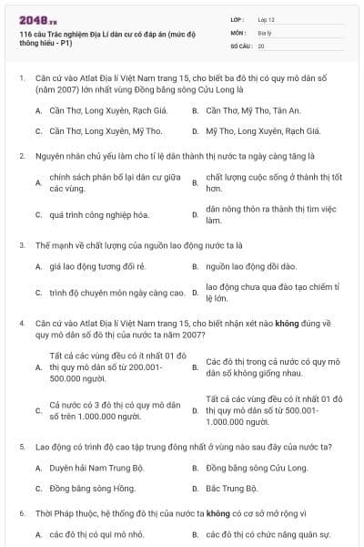 116 câu  Trắc nghiệm Địa Lí dân cư có đáp án (mức độ thông hiểu - P1)