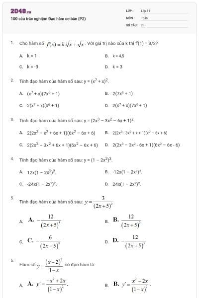 100 câu trắc nghiệm Đạo hàm cơ bản (P2)