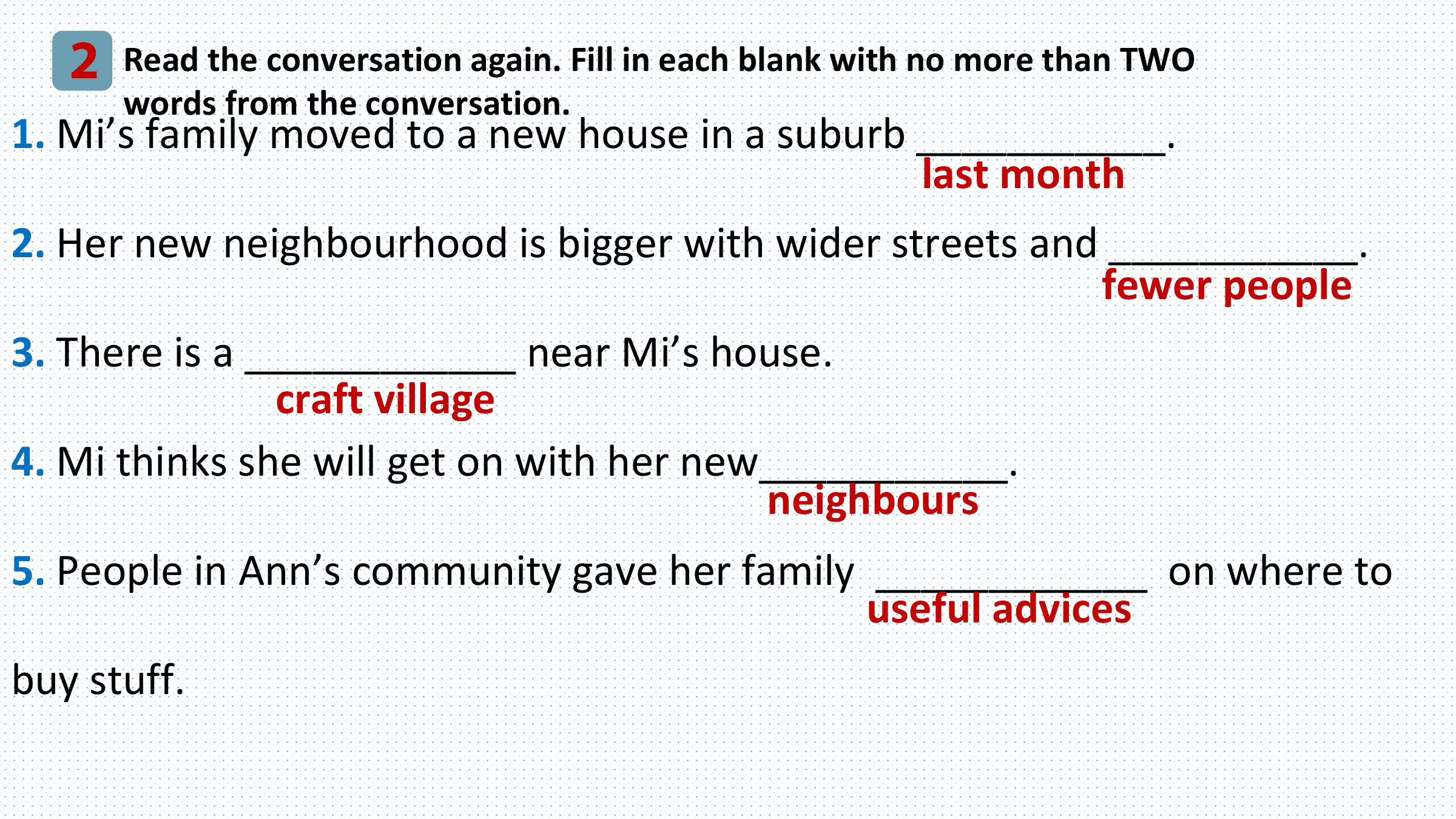 2 Read the conversation again. Fill in each blank with no more than TWO
 words from the conversation.
1. Mi’s family moved to a new house in a suburb ___________.
 last month
2. Her new neighbourhood is bigger with wider streets and ___________.
 fewer people
3. There is a ____________ near Mi’s house.
 craft village
4. Mi thinks she will get on with her new___________.
 neighbours
5. People in Ann’s community gave her family ____________ on where to
 useful advices
buy stuff.
