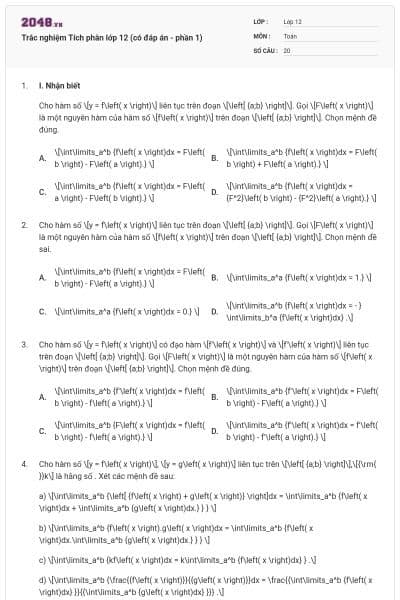Trắc nghiệm Tích phân lớp 12 (có đáp án - phần 1)