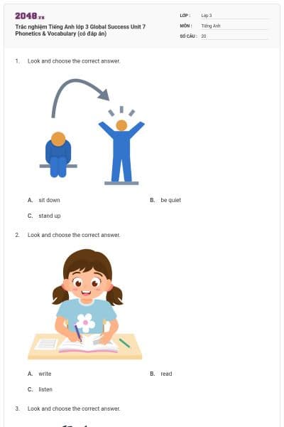 Trắc nghiệm Tiếng Anh lớp 3 Global Success Unit 7 Phonetics & Vocabulary (có đáp án)