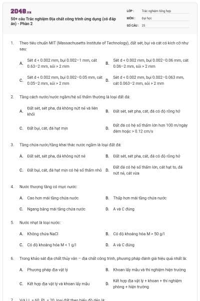 50+ câu Trắc nghiệm Địa chất công trình ứng dụng (có đáp án) - Phần 2